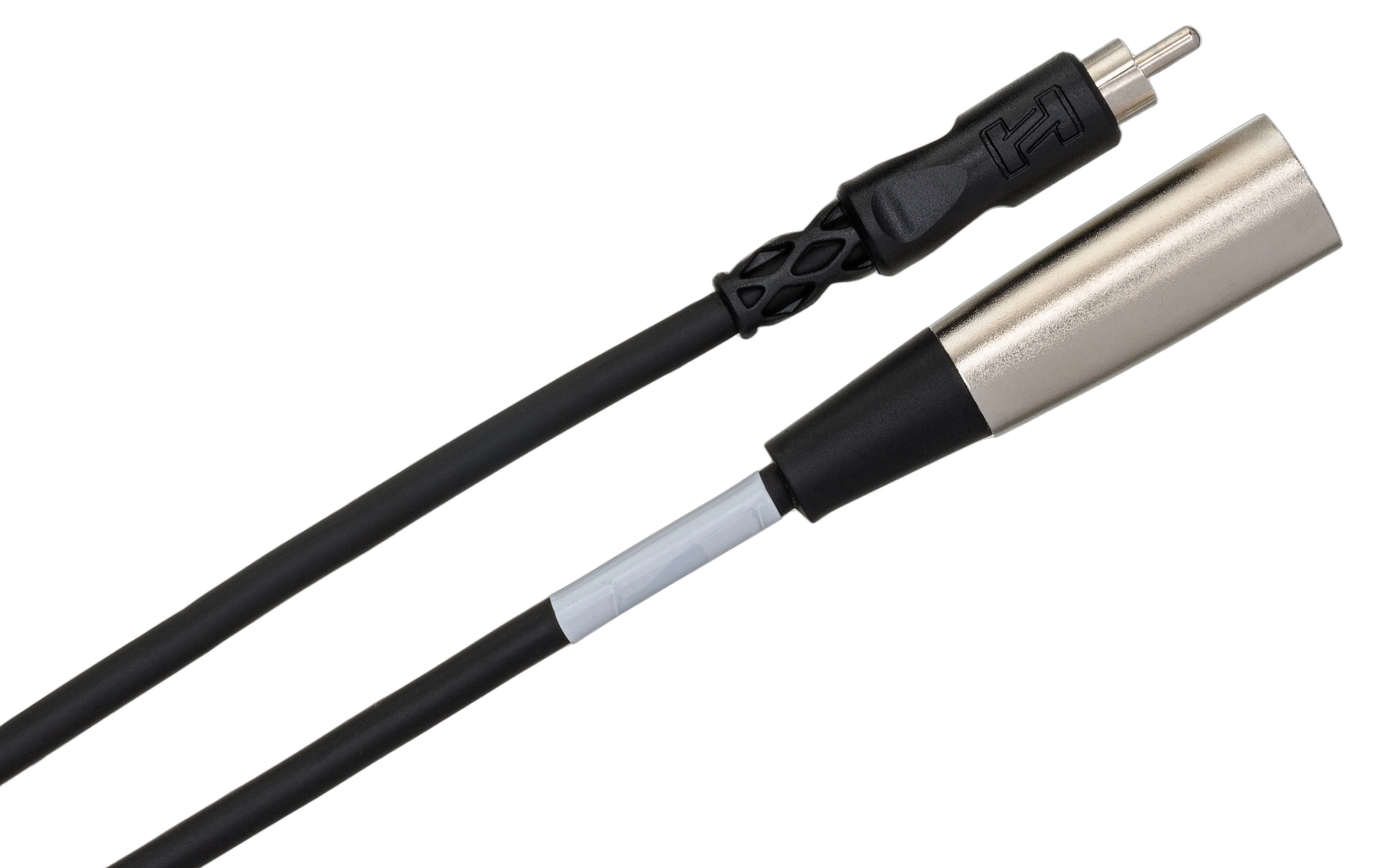 Hosa XRM-110 RCA to XLR Male Interconnect Cable Detail Hosa XRM-110 unbalanced interconnect cable showing RCA connector and XLR male connector detail