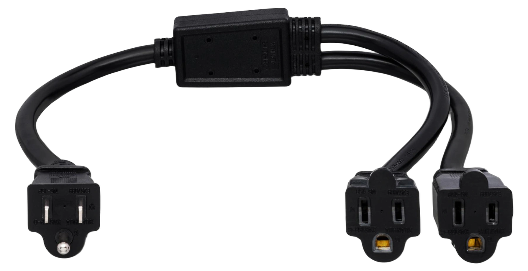 Hosa YAC-406 Power Extension Y Cable Front View Hosa YAC-406 dual NEMA 5-15R to NEMA 5-15P power extension Y cable with 14 AWG connectors