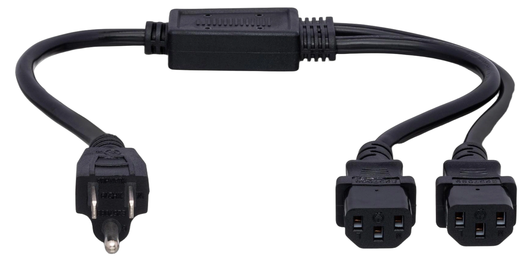 Hosa YIE-406 Power Y Cable Dual IEC C13 NEMA 5-15P Hosa YIE-406 power Y cable with dual IEC C13 connectors and NEMA 5-15P plug, 1.5 feet