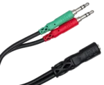 Hosa YMM-107 headset microphone breakout cable showing dual 3.5mm TRS connectors and TRRS jack detail