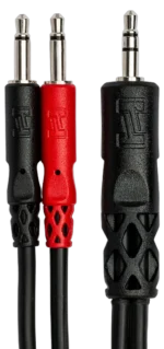 Hosa YMM-152 stereo breakout cable showing 3.5mm TRS to dual TS connectors close-up detail