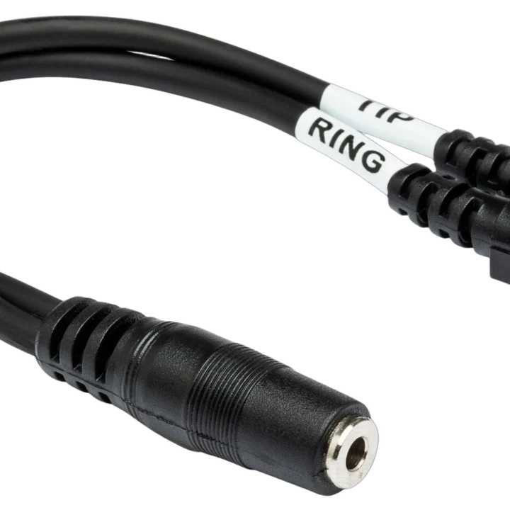 Hosa YMM-492 air travel headphone adapter with dual 3.5mm TS connectors and single 3.5mm TRSF output