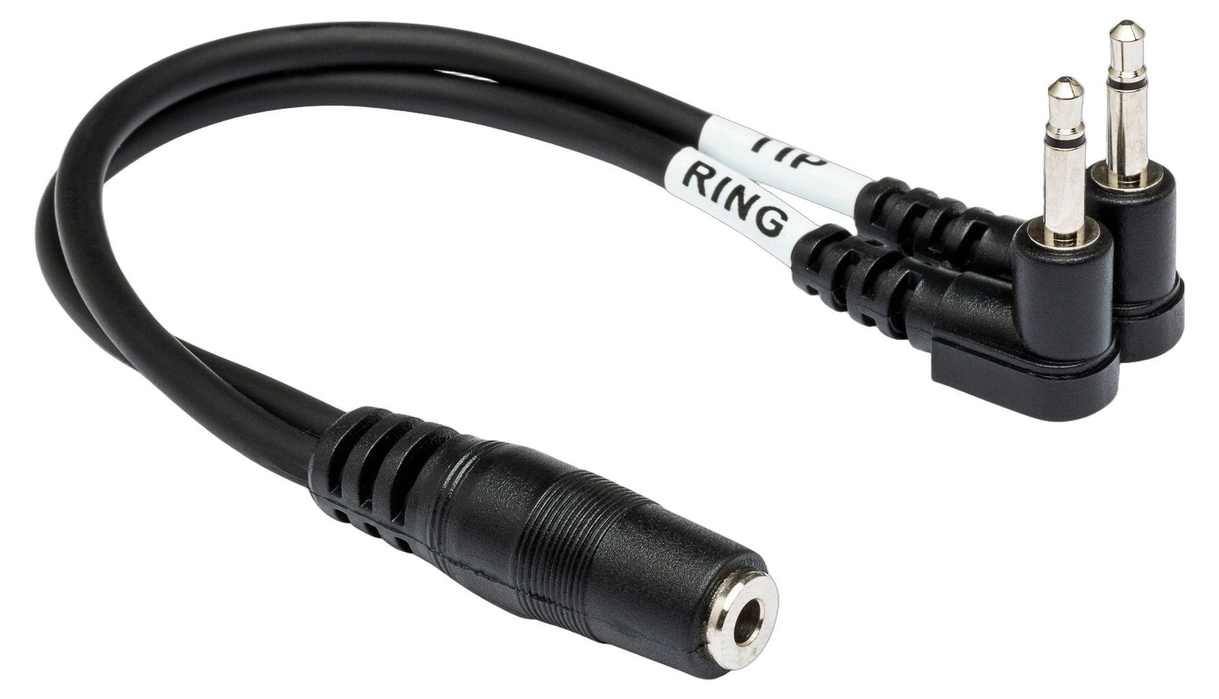 Hosa YMM-492 Headphone Adapter Dual 3.5mm Front View Hosa YMM-492 air travel headphone adapter with dual 3.5mm TS connectors and single 3.5mm TRSF output