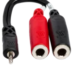 Hosa YMP-137 stereo breakout cable showing 3.5mm TRS connector and dual 1/4 inch TSF connectors side profile