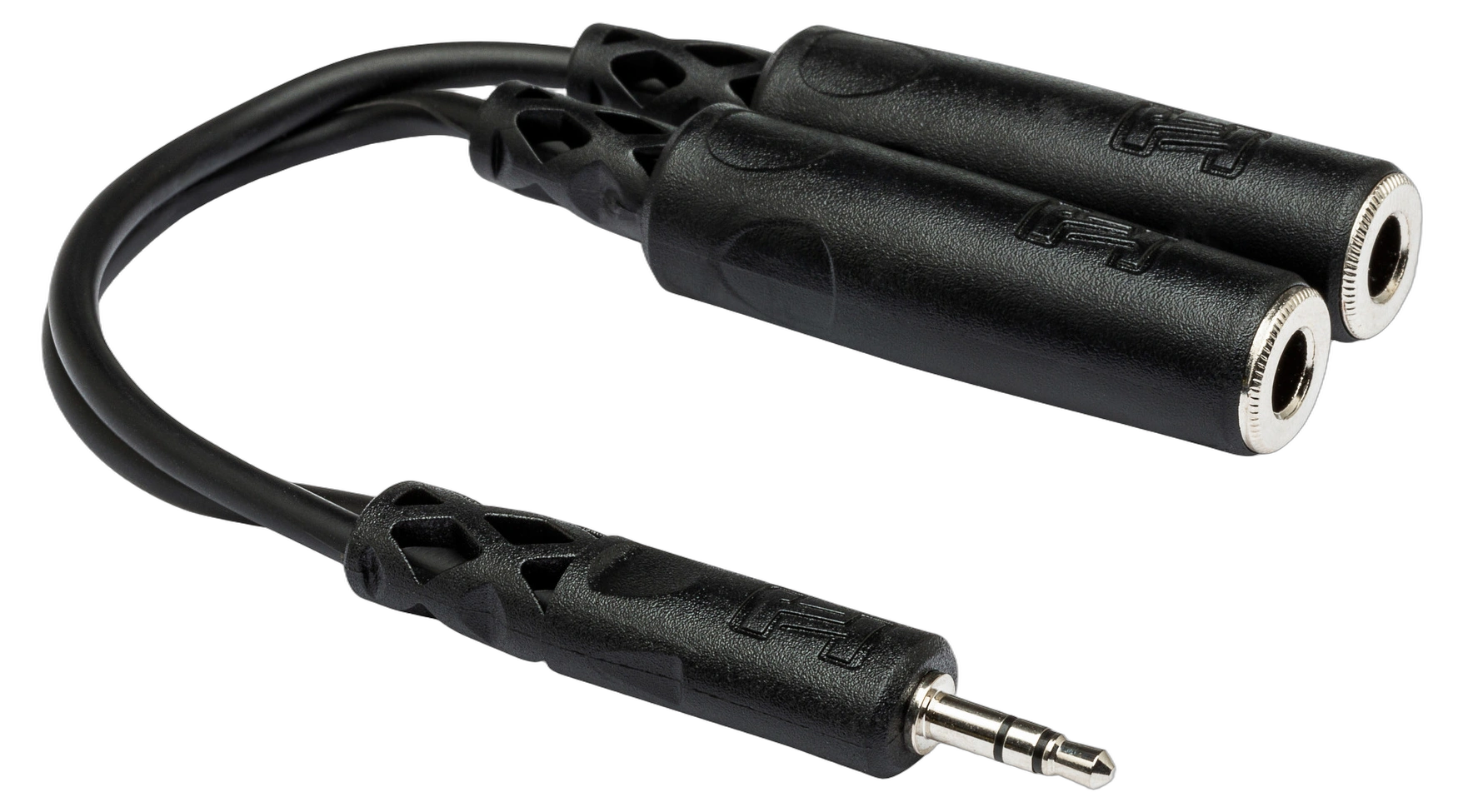 Hosa YMP-233 Y Cable 3.5mm TRS Adapter Front View Hosa YMP-233 Y cable with 3.5mm TRS mini jack connector and dual 1/4 inch TRSF outputs