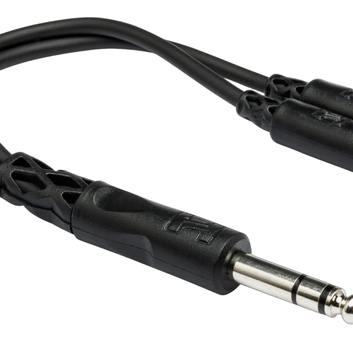 Hosa YMP-234 Y cable adapter with 1/4 inch TRS connector and dual 3.5mm TRSF connectors