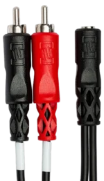 Hosa YMR-197 stereo breakout cable connected between 3.5mm TRSF jack and dual RCA connectors in audio equipment setup