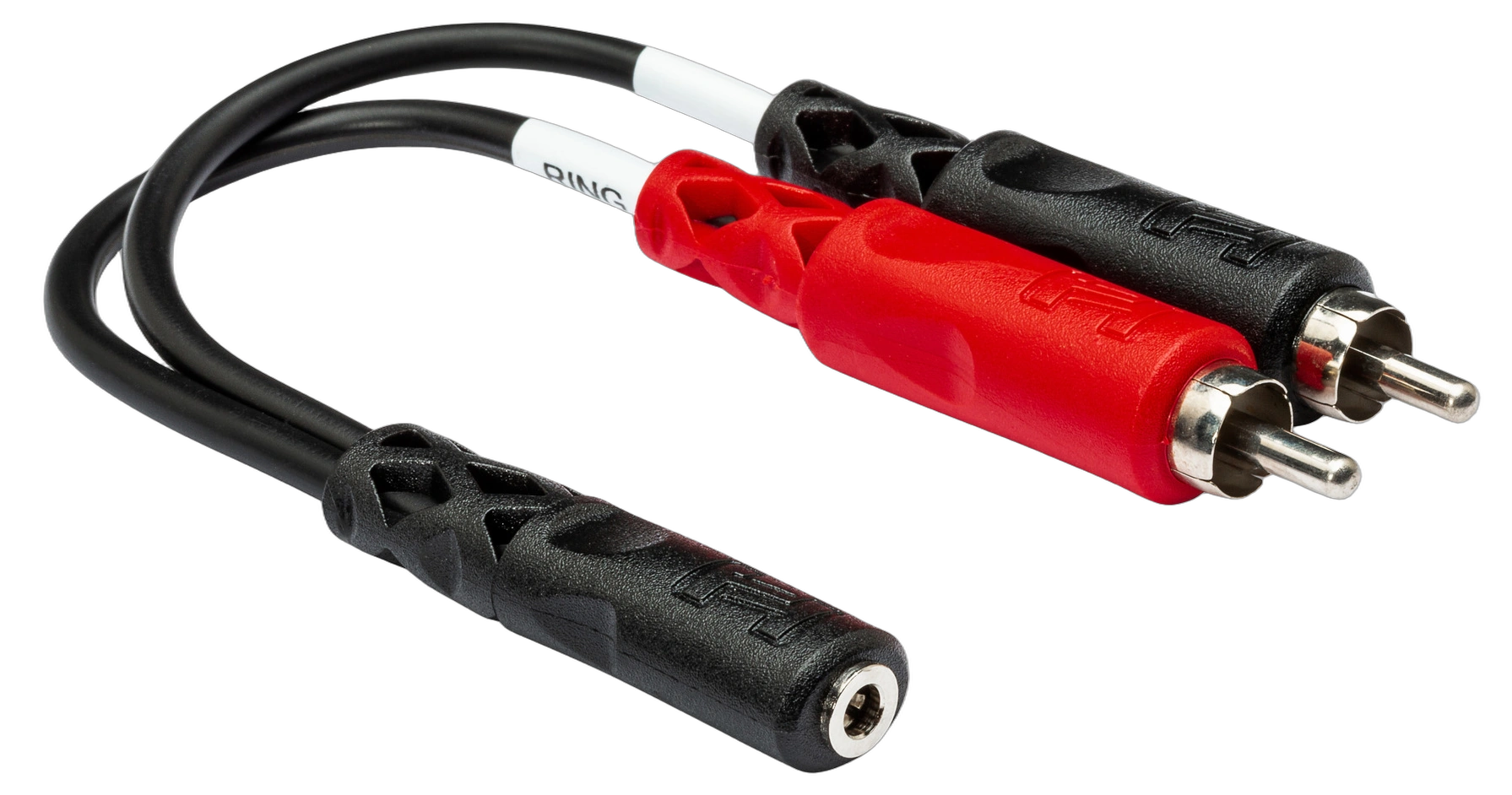 Hosa YMR-197 Stereo Breakout Cable Front View Hosa YMR-197 stereo breakout cable with 3.5mm TRSF connector and dual RCA connectors