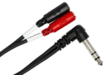 Hosa YPM-523 stereo breakout cable showing right-angle 1/4 inch TRS connector and dual 3.5mm TRSF outputs