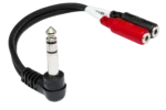 Hosa YPM-523 stereo breakout cable with right-angle 1/4 inch TRS connector and dual 3.5mm TRSF connectors