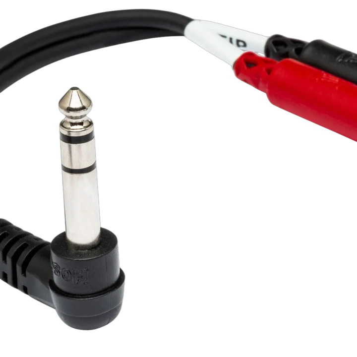 Hosa YPM-523 stereo breakout cable with right-angle 1/4 inch TRS connector and dual 3.5mm TRSF connectors