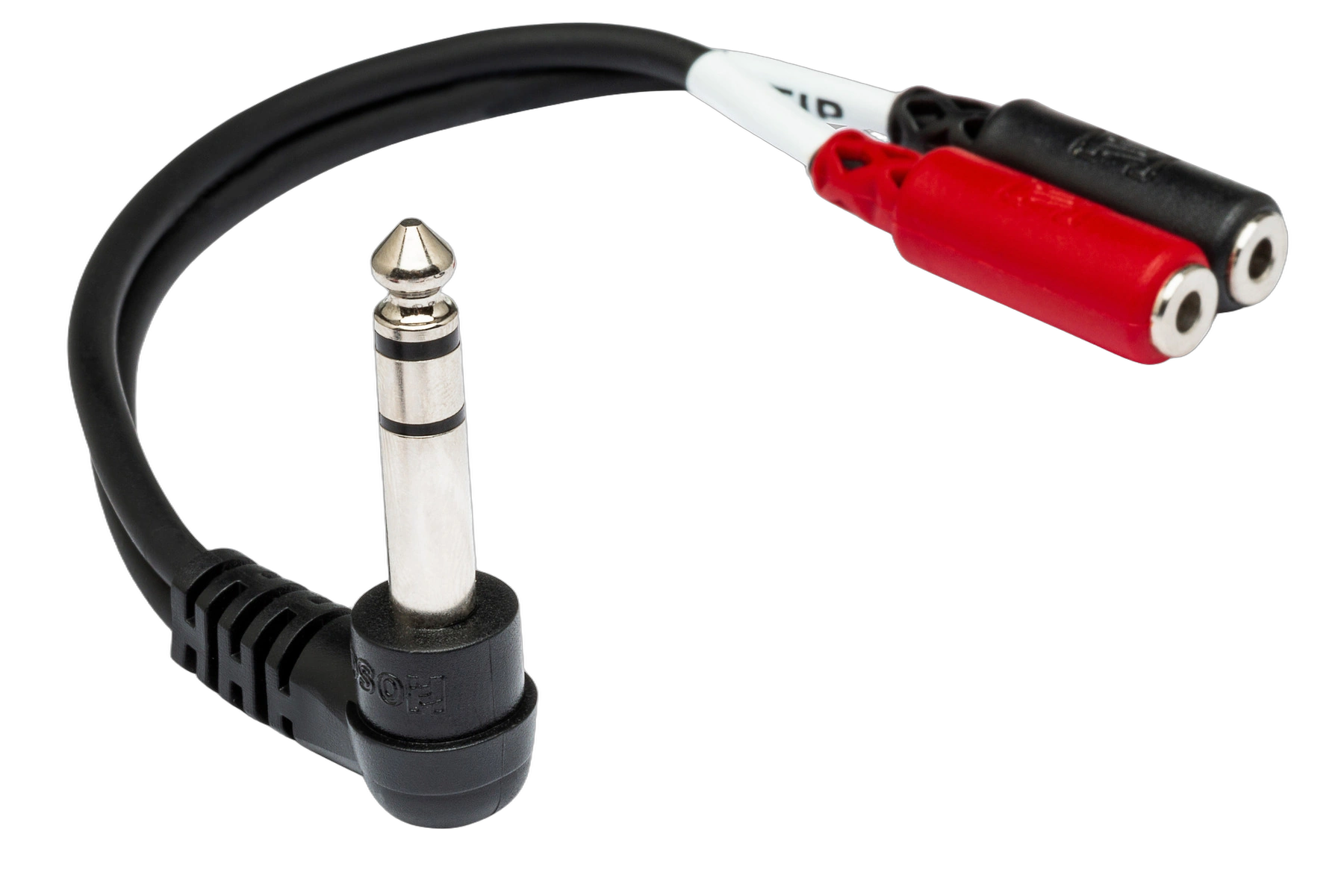 Hosa YPM-523 Stereo Breakout Cable Front View Hosa YPM-523 stereo breakout cable with right-angle 1/4 inch TRS connector and dual 3.5mm TRSF connectors