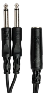 Hosa YPP-106 Y cable connected to audio equipment demonstrating dual 1/4 inch TS output configuration