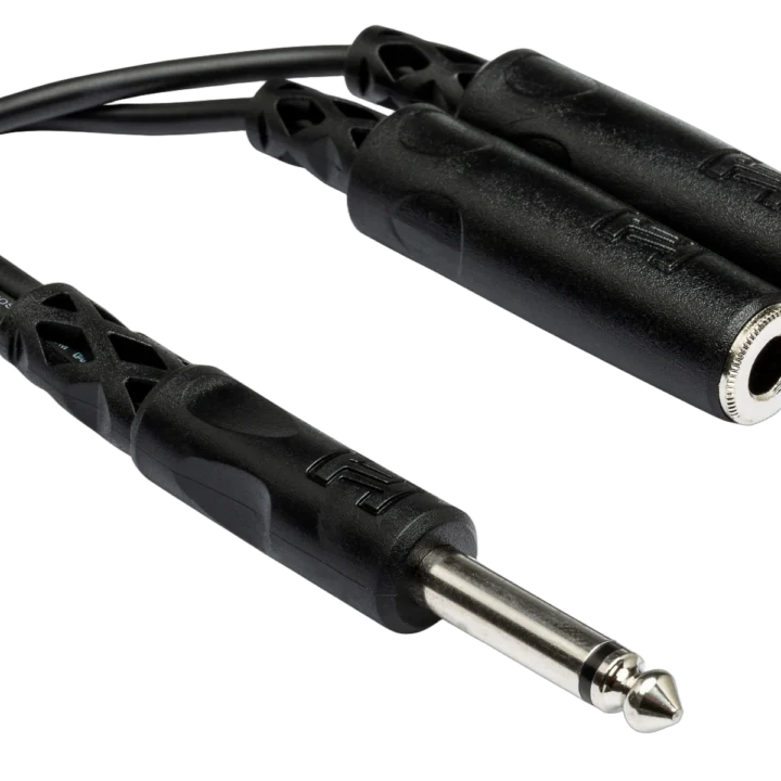 Hosa YPP-111 Y cable with single 1/4 inch TS male connector and dual 1/4 inch TSF female connectors