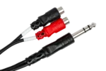 Hosa YPR-102 stereo breakout cable with 1/4 inch TRS connector and dual RCA connectors, side profile view