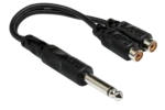 Hosa YPR-103 Y cable with 1/4 inch TS connector and dual RCA connectors, front product view