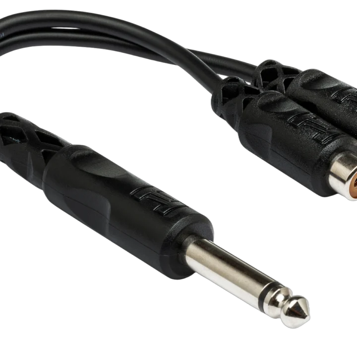 Hosa YPR-103 Y cable with 1/4 inch TS connector and dual RCA connectors, front product view