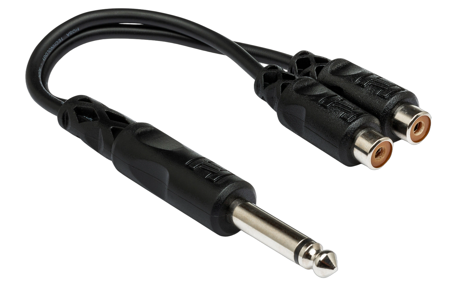 Hosa YPR-103 Y Cable 1/4 TS to Dual RCA Front View Hosa YPR-103 Y cable with 1/4 inch TS connector and dual RCA connectors, front product view