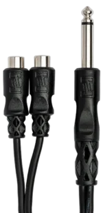 Hosa YPR-103 Y cable connected between 1/4 inch TS jack and dual RCA female connectors in studio setup