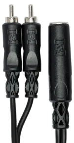 Hosa YPR-131 Y cable connected between audio equipment showing 1/4 inch TSF to dual RCA connection
