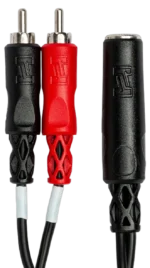 Hosa YPR-257 stereo breakout cable connected between audio equipment demonstrating real-world application