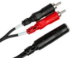 Hosa YPR-257 stereo breakout cable with 1/4 inch TRSF connector and dual RCA connectors, side profile view