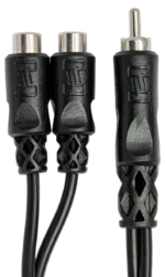 Hosa YRA-104 Y cable connected between audio equipment demonstrating dual RCA female connection application