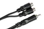Hosa YRA-104 Y cable adapter showing RCA to dual RCA female connectors from side angle