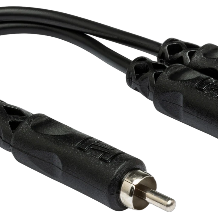 Hosa YRA-104 Y cable adapter with single RCA male connector and dual RCA female outputs