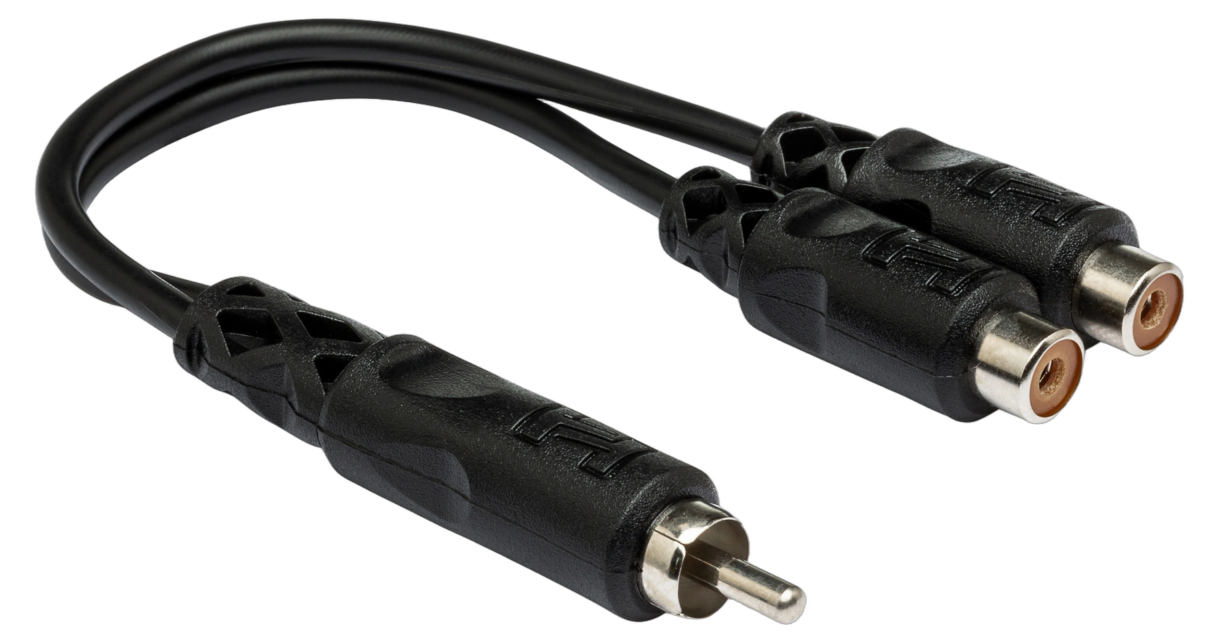 Hosa YRA-104 Y Cable RCA Adapter Front View Hosa YRA-104 Y cable adapter with single RCA male connector and dual RCA female outputs