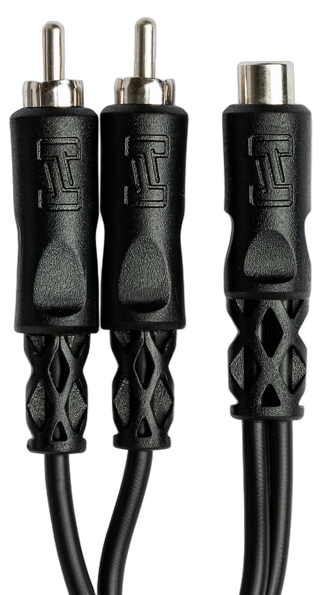 Hosa YRA-105 Y Cable RCA Adapter Application Hosa YRA-105 Y cable adapter connected to dual RCA inputs on audio equipment setup