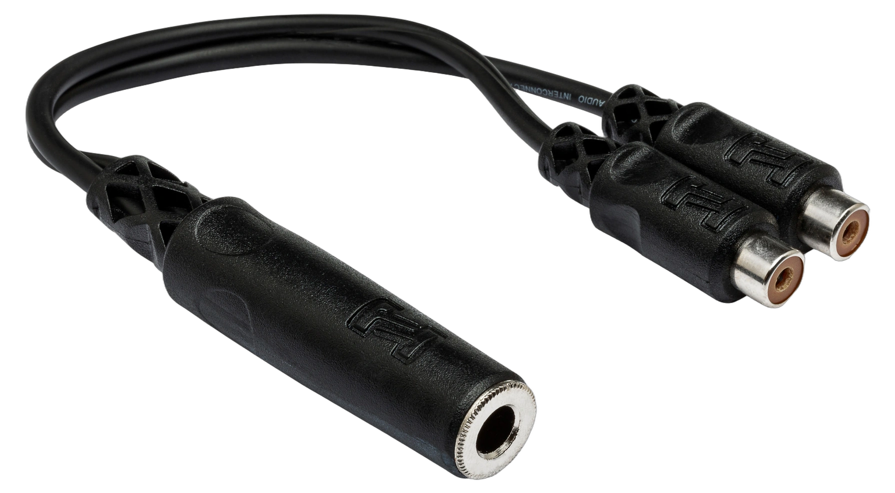 Hosa YRA-115 Y Cable Adapter Front View Hosa YRA-115 Y cable adapter with 1/4 inch TSF connector and dual RCA female connectors