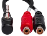 Hosa YRA-167 stereo breakout cable showing right-angle 3.5mm TRS connector and dual RCA connectors