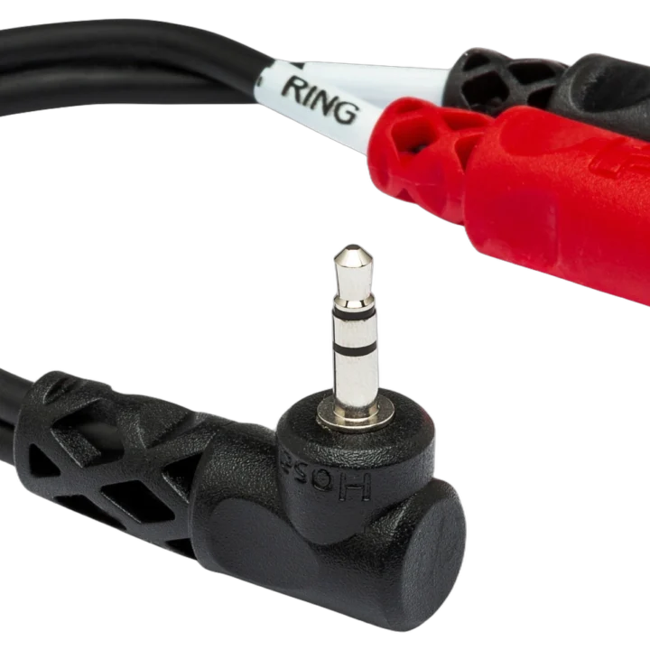 Hosa YRA-167 stereo breakout cable with right-angle 3.5mm TRS connector and dual RCA connectors