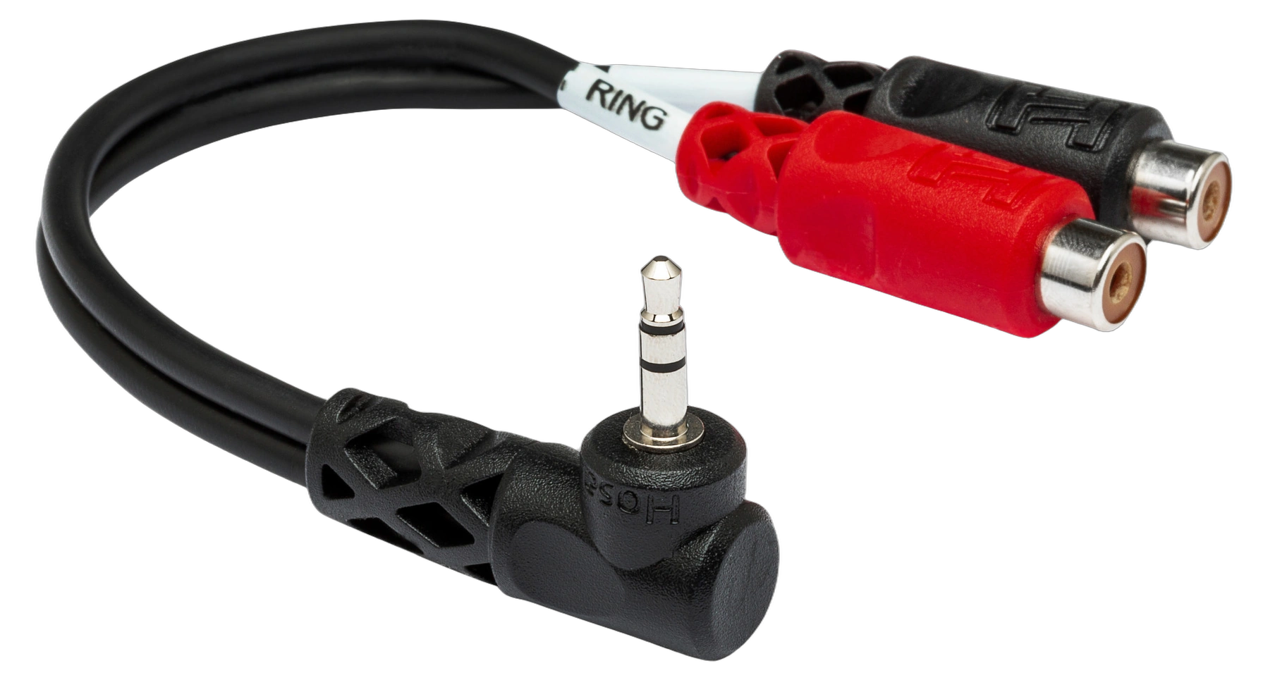 Hosa YRA-167 Stereo Breakout Cable Front View Hosa YRA-167 stereo breakout cable with right-angle 3.5mm TRS connector and dual RCA connectors