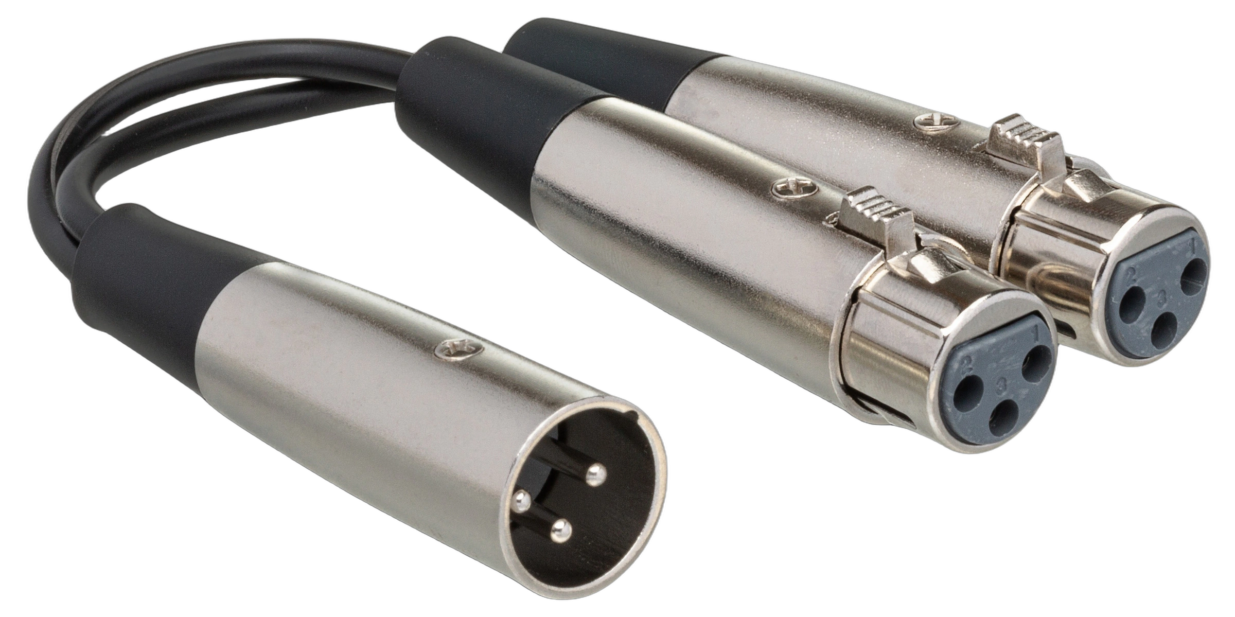 Hosa YXF-119 Y Cable Dual XLR Female to Male Hosa YXF-119 Y cable with dual XLR female connectors and single XLR male connector, 6-inch length