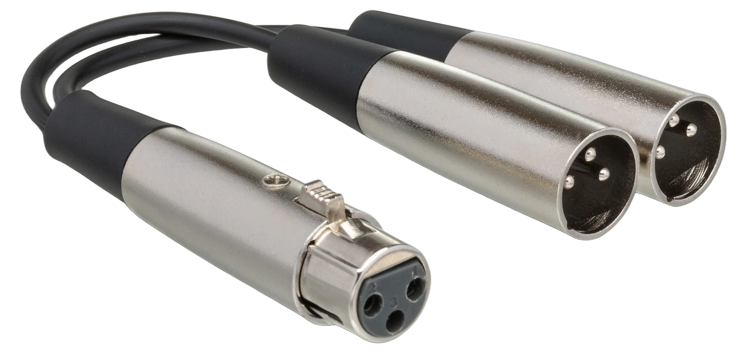 Hosa YXM-121 Y Cable XLR Connector Front View Hosa YXM-121 Y cable with XLR female to dual XLR male connectors, 6-inch length